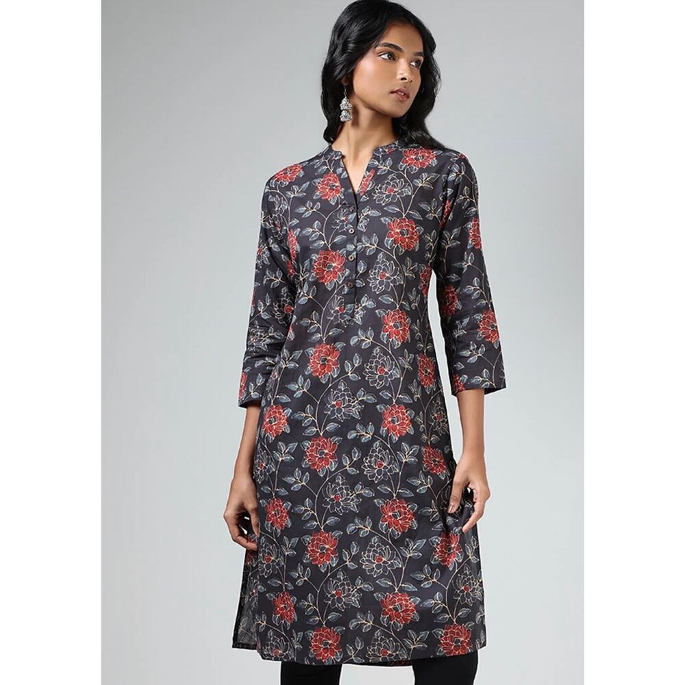 Utsa by Westside Navy Blue Floral Printed A-Line Kurta Small 100% Cotton
